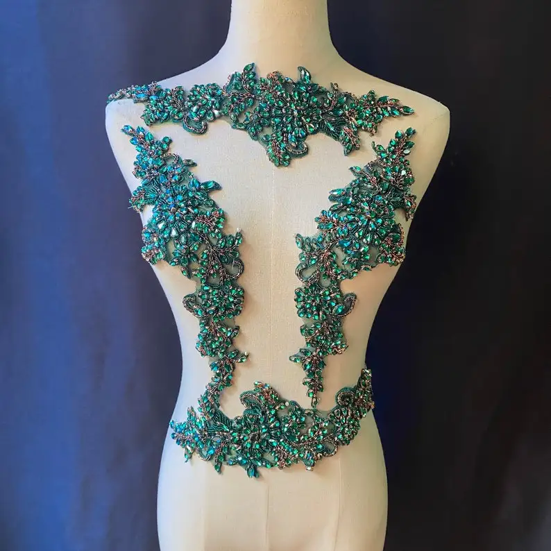1 pāris Zaļo Rhinestone Aplikācijas Ar Ziedu Par Kleitu, Kostīmu, Couture, Deju Kostīms Attēls 1