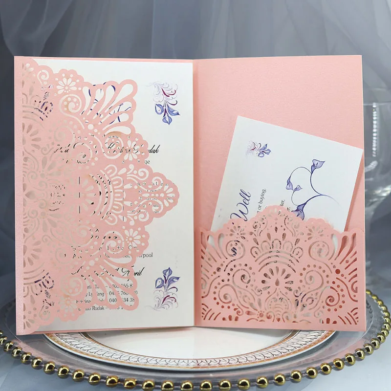 100gab lāzergriešanas Kāzu Ielūgumi Kartes Rose Puķu Elegants Tri-Reizes Mežģīnes Biznesa Apsveikuma Kartītes Kāzu svinības par Labu Piederumi Attēls 5
