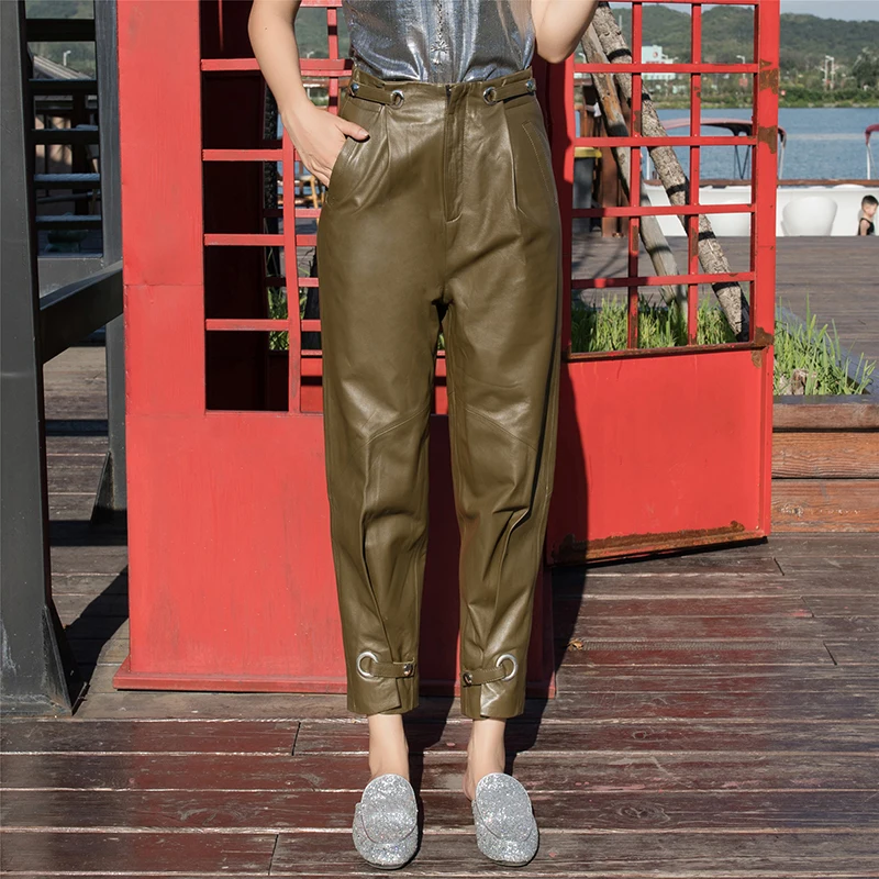 2020 Brūns Zaļš Nekustamā Zīmuli Bikses Sievietēm Harajuku Streetwear Augstas Kvalitātes Aitas Ādas Bikses Dāmas Liela Izmēra S-4XL Attēls 3