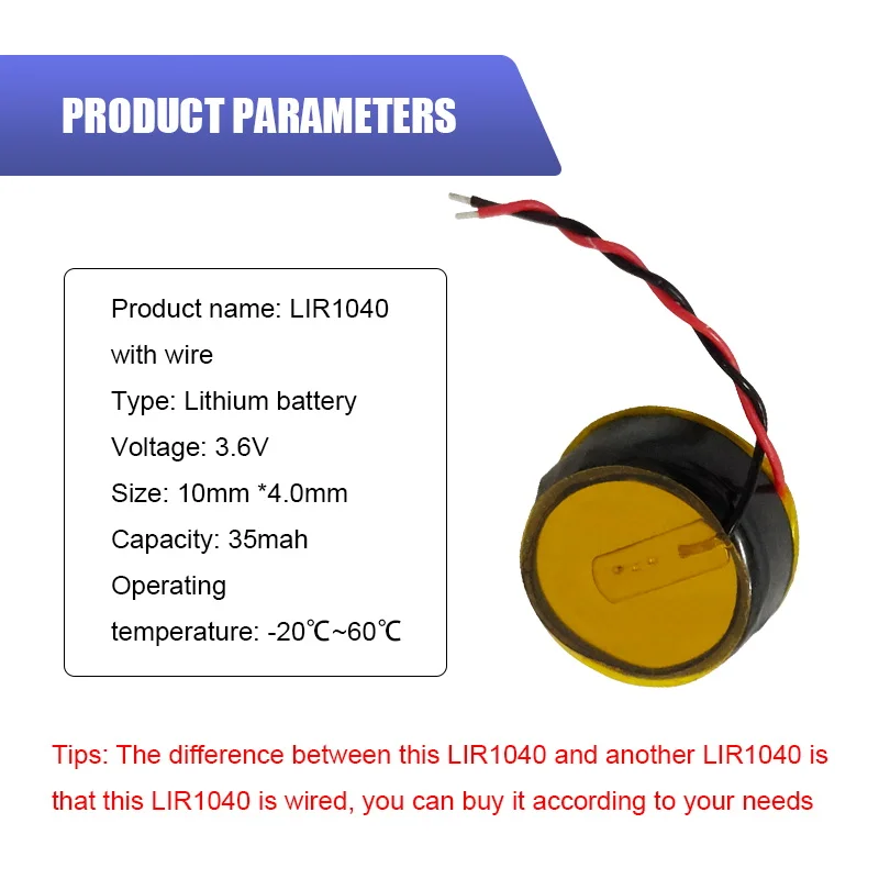 20PCS LIR1040 ar vadu Litija Akumulators 3,6 V 35mAh Par TWS bezvadu Bluetooth austiņas Uzlādējamas Poga Akumulators Attēls 2