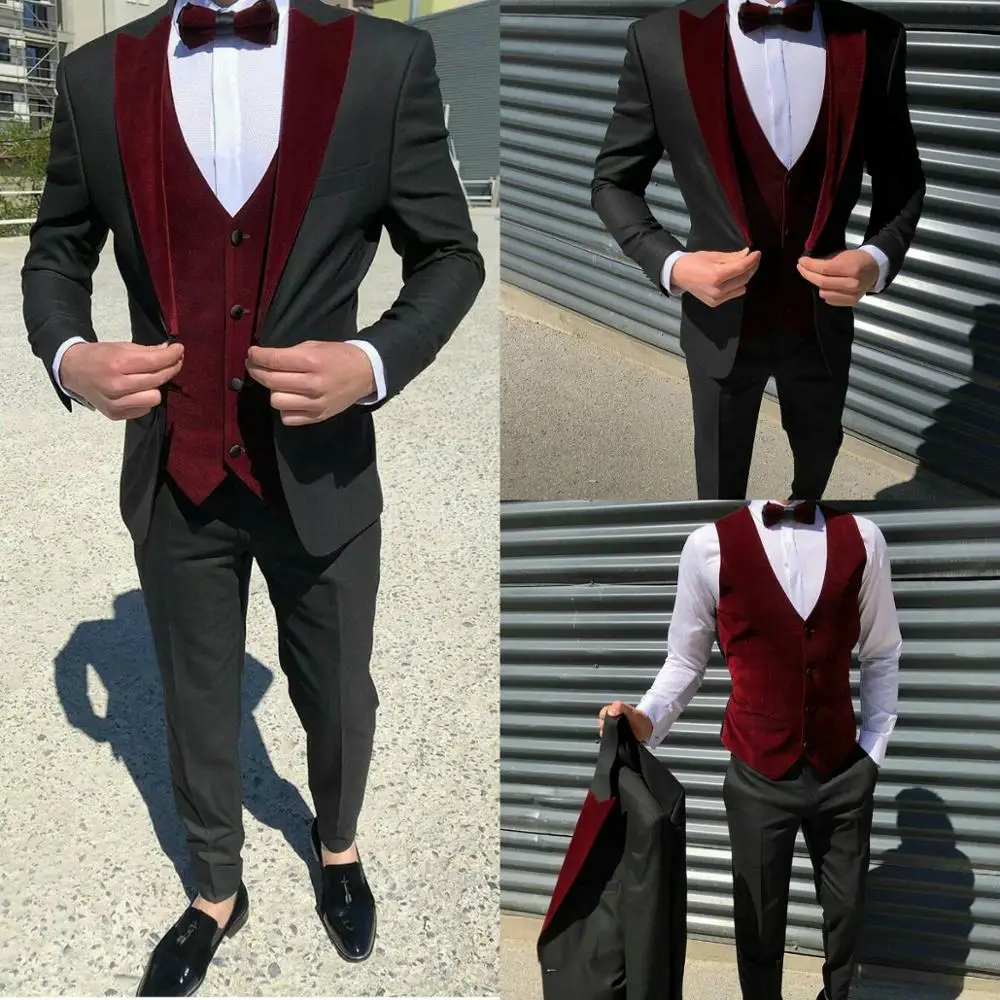 3 Gab., Vīriešu Uzvalki, Kāzu Tuxedos Pasūtījuma Samta Līgavainis Groomsmen Uzvalks Mens 