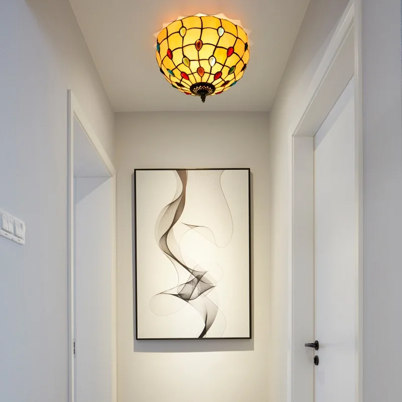 30cm Eiropas Stila Vintage Krāsainas Krelles Tiffany Restorāns Lobby Eju Koridorā, Vannas istabā Stikla Griestu Lampas Attēls 3