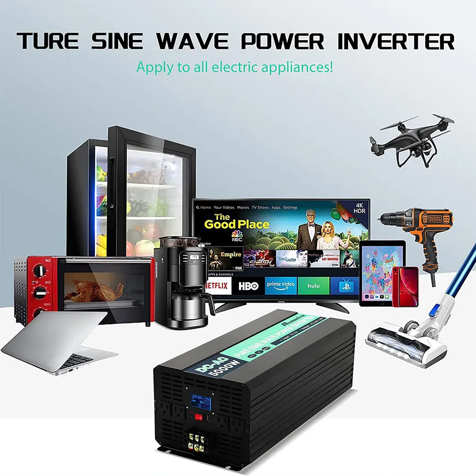 5000W pure sine wave power inverter 12V DC uz 110V AC, ar bezvadu tālvadības pults, LCD displejs, 1 USB ports un 4 MAIŅSTRĀVAS kontaktligzdas Attēls 2