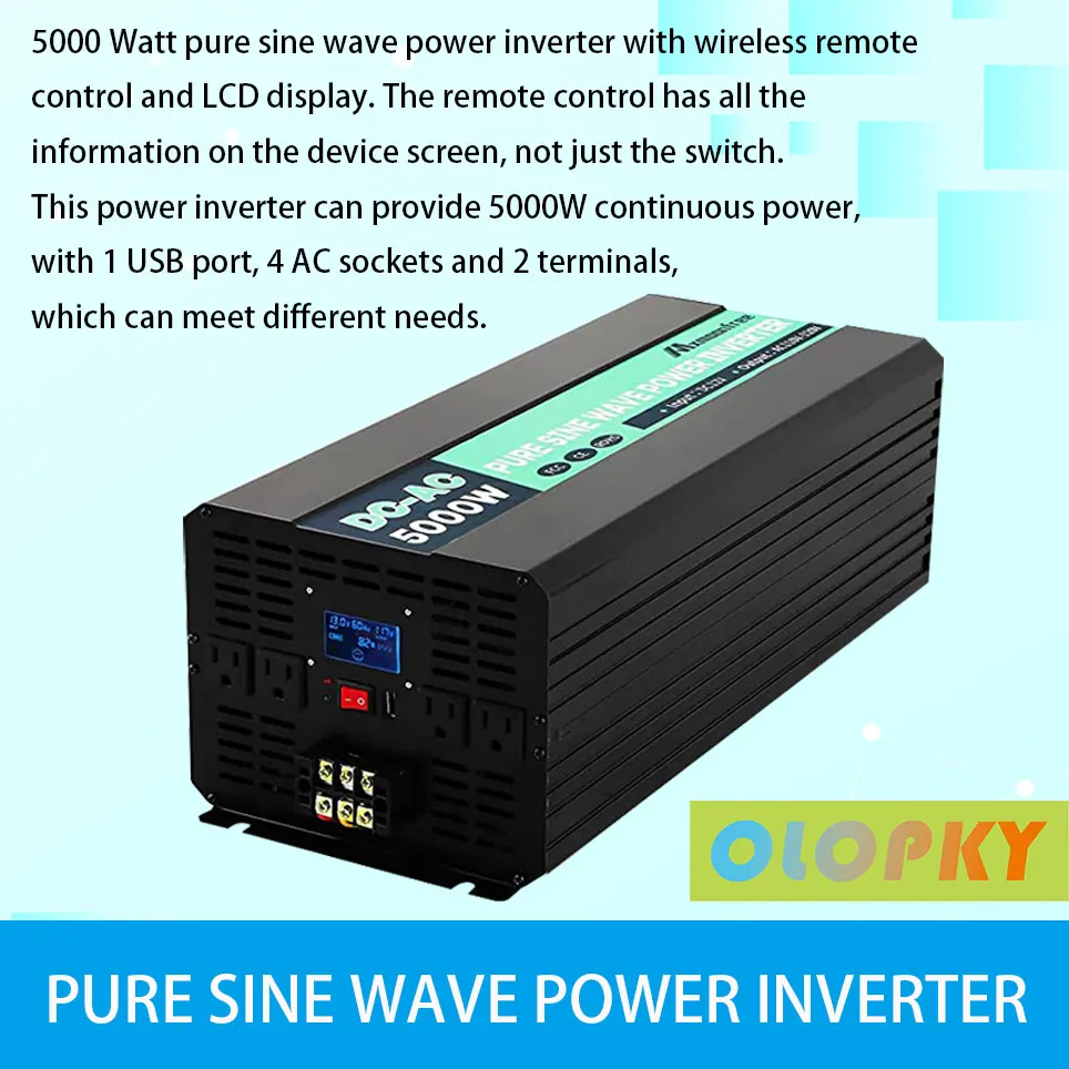 5000W pure sine wave power inverter 12V DC uz 110V AC, ar bezvadu tālvadības pults, LCD displejs, 1 USB ports un 4 MAIŅSTRĀVAS kontaktligzdas Attēls 5