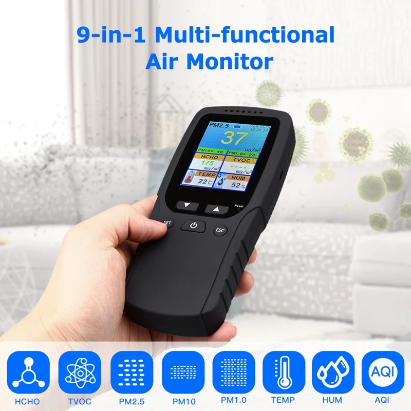 9 1 Gaisa Kvalitātes Monitors, Iekštelpu Āra PM2.5, PM1.0, PM10, HCHO, Detector Tester Temperatūras un Mitruma Sensors Attēls 4