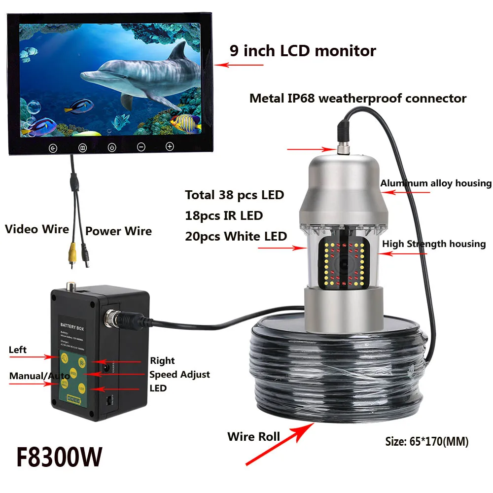 9 Collu 20m 50m 100m Zemūdens Zvejai, Video Kamera Fish Finder IP68 Ūdensnecaurlaidīga 38 Led, 360 Grādu Rotējoša Kameras Attēls 4