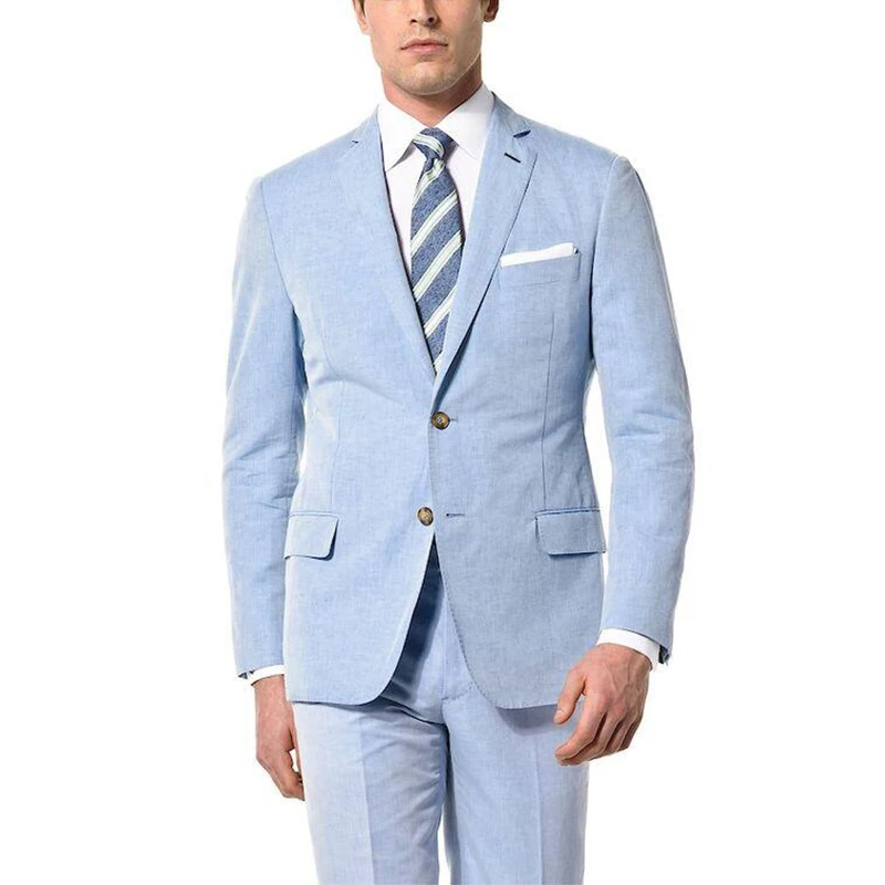 ANNIEBRITNEY Gaiši Zils 2020. Gada Vasaras Vīriešu Veļa Uzvalks Ar Biksēm Līgavainis Kāzu Uzvalku Augstas Kvalitātes Pasūtījuma Vasaras Veļa 2 Gabals Uzvalks Attēls 1