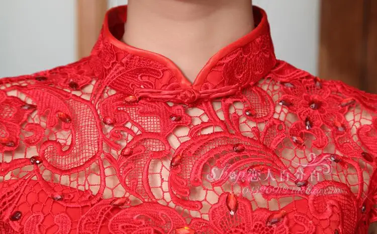 Bezmaksas piegāde cheongsam puse balles kleita ziedu jaunu modes vintage sarkans mežģīņu īsās augsta kakla līgavas māsa kleitas Attēls 1
