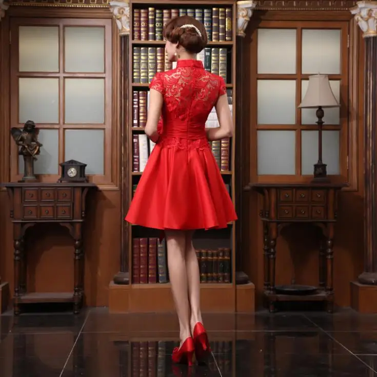 Bezmaksas piegāde cheongsam puse balles kleita ziedu jaunu modes vintage sarkans mežģīņu īsās augsta kakla līgavas māsa kleitas Attēls 4