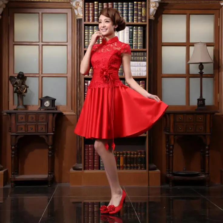 Bezmaksas piegāde cheongsam puse balles kleita ziedu jaunu modes vintage sarkans mežģīņu īsās augsta kakla līgavas māsa kleitas Attēls 5