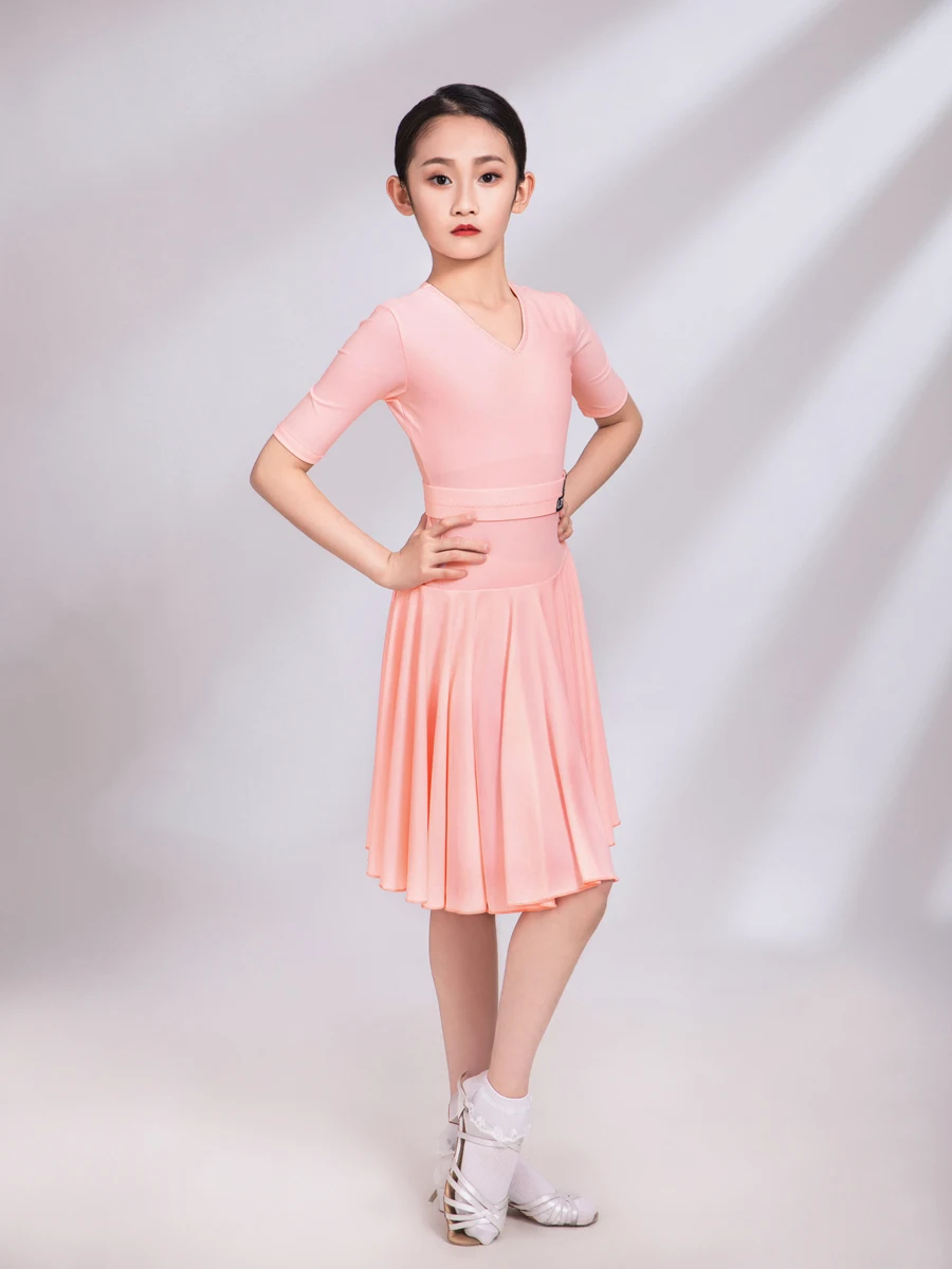 Bērnu latīņu Deju Konkurss Drēbes Rozā Vidu Piedurknēm Standarta Meitene Kleita Deju Apģērba latīņu Praksi Apģērbu DQS7304 Attēls 1