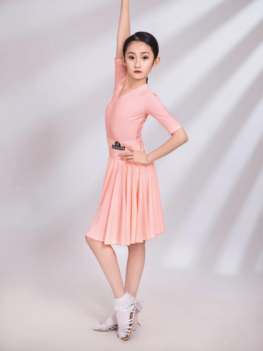 Bērnu latīņu Deju Konkurss Drēbes Rozā Vidu Piedurknēm Standarta Meitene Kleita Deju Apģērba latīņu Praksi Apģērbu DQS7304 Attēls 4