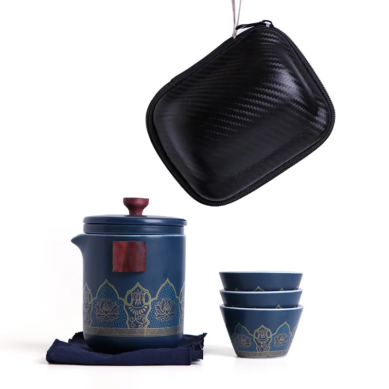 Ceļojumu Teaware Uzstādīt Portatīvo Keramikas Ādas Uzglabāšanas Soma Mazo komplektu Āra Kung Fu Tējas Komplekts Dāvanu ar Roku Dāvanu Var Porcelāna Attēls 5