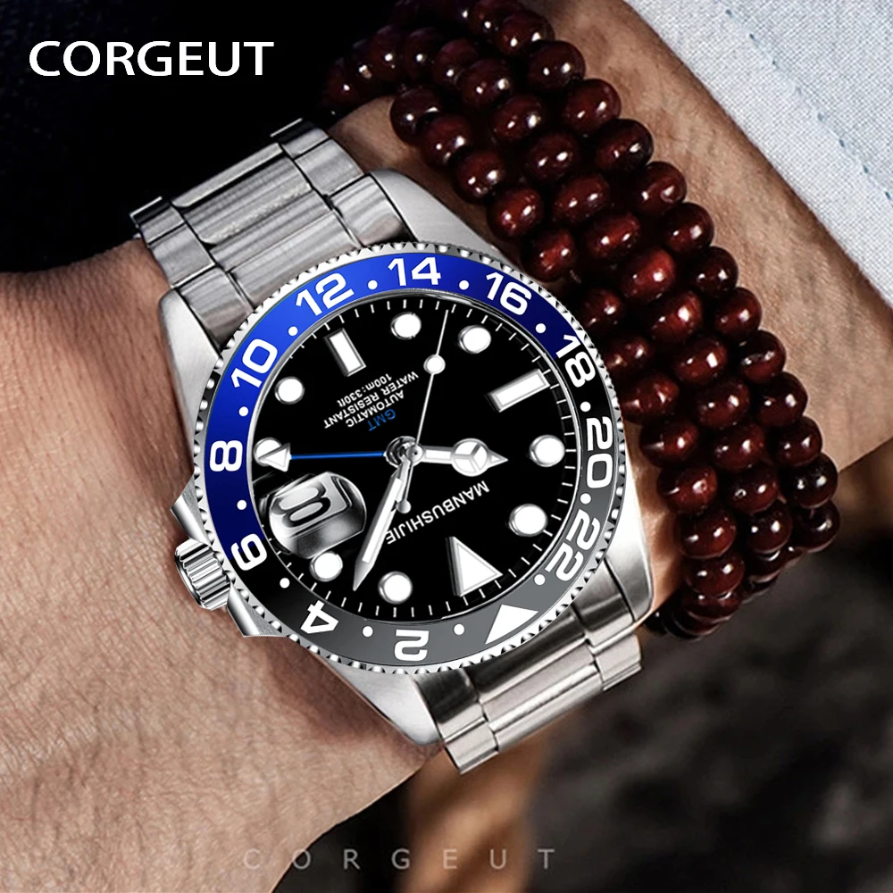 CORGEUT ir 2021. Jaunu GMT Mehāniskās Rokas pulksteni Luksusa Automātisko pulksteņu Vīriešiem, Safīra Stikla, Tērauda Nirt Gaismas Pulkstenis reloj hombre Attēls 1