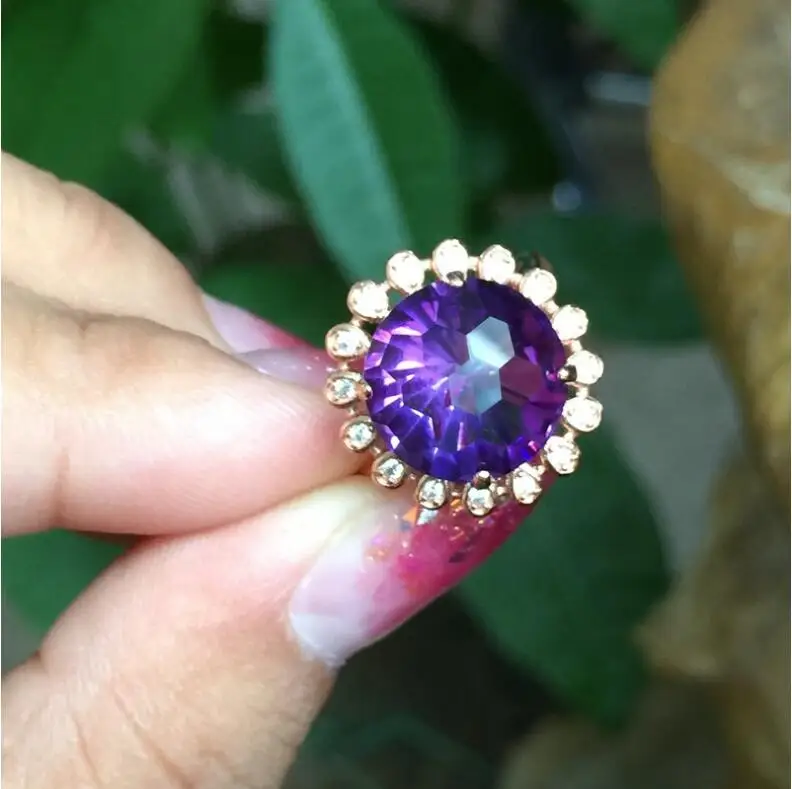 Dabas ametista gredzens 925 sterling sudraba naudas Sodu violeta kristāla rotaslietas Gem izmērs 12mm Attēls 3