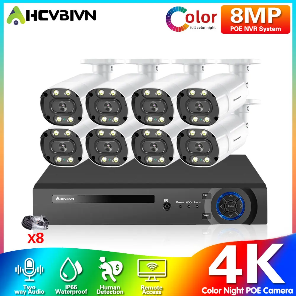 Drošības Kameru Sistēmas 8CH 4K HD POE VRR Komplekts CCTV divvirzienu Audio AI Seju Atpazīšana Āra Videonovērošanas 8MP IP Camera Set Attēls 4
