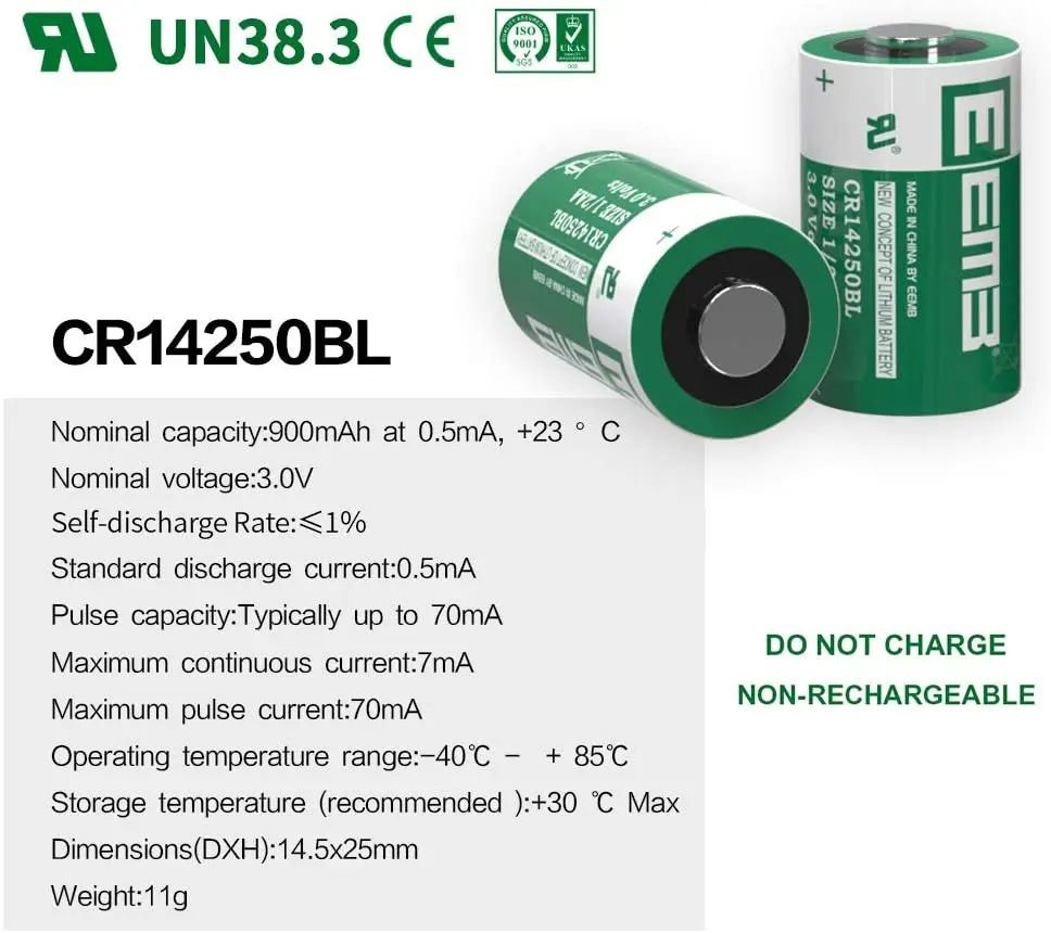 EEMB 20PCS CR14250BL 3.0 V 1/2 AA Izmēra Litija Baterija, 900mAh atkārtoti neuzlādējamām Thionyl Hlorīds Akumulatoru, Ūdens Skaitītāju Durvju zvans Attēls 2