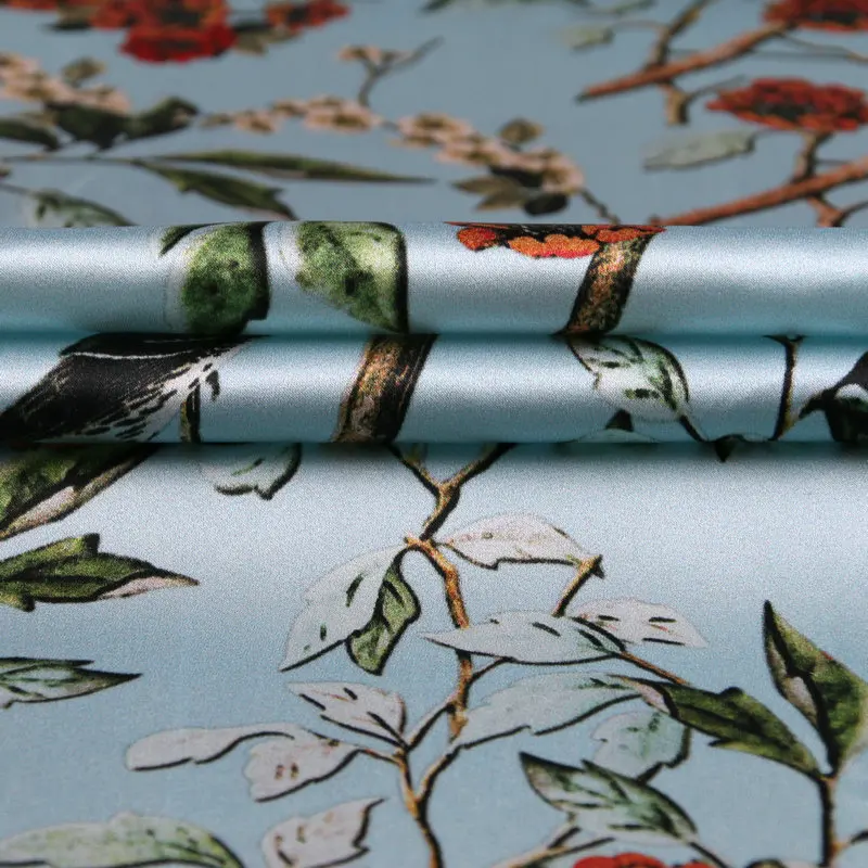 Eiropas zīmolu zilu ziedu un putnu drukāšanas 19mm zīda stiept satīna auduma kleita cheongsam krekls roku darbs apģērbu audums Attēls 2