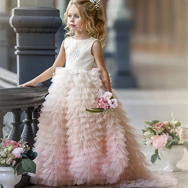 Elegants Daudzpakāpju Princese Meitene Kleitas Lolita Pasūtījuma Bērni Puķu Meitenes Kleita Kāzās Ilgi Gājienā Kleitas Līgavas Kleita Attēls 3