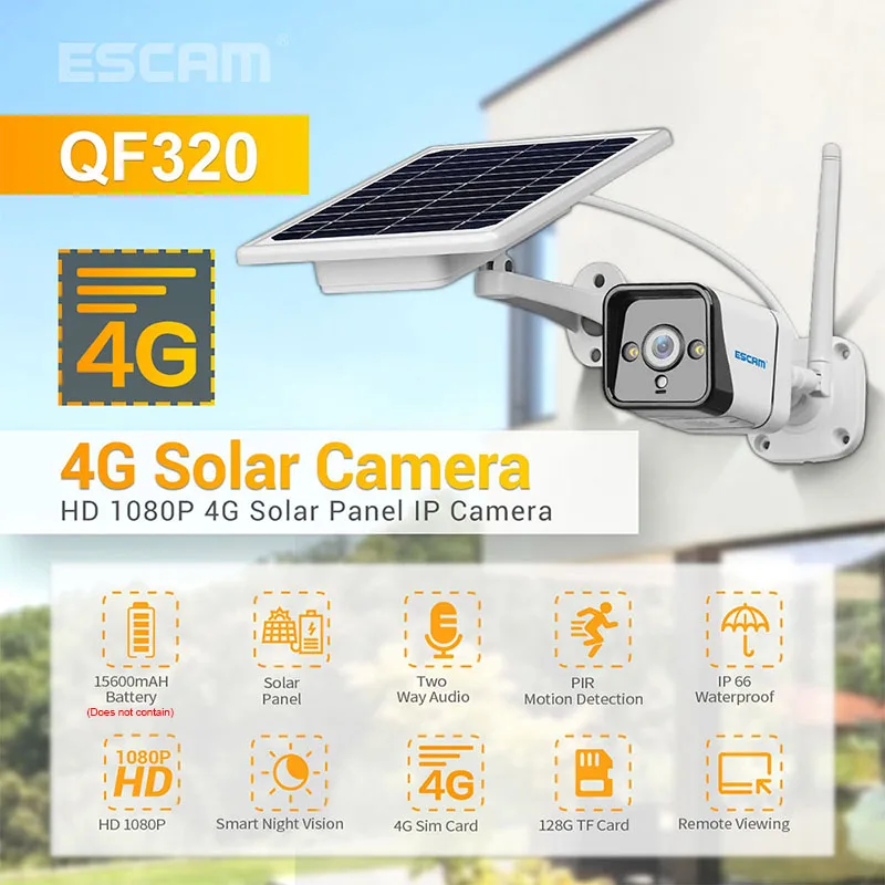 ESCAM QF320 HD 1080P 4G Baterijas PIR Signāla IP Kamera Ar Saules Paneli, Pilna Krāsu Nakts Redzamības divvirzienu Audio IP66 Nakts Redzamības Cam Attēls 2