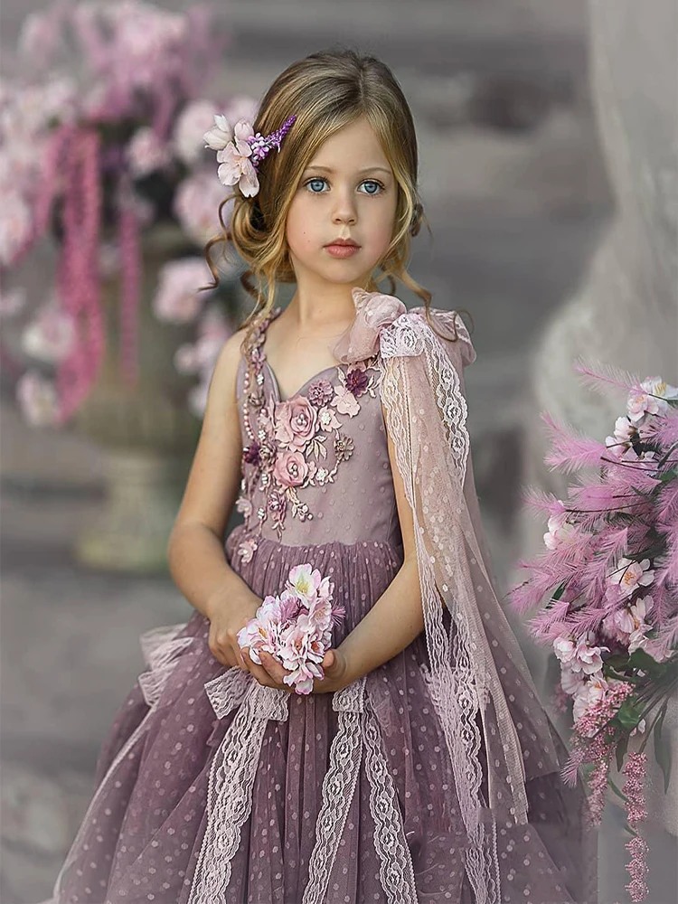 Gudrs Puķu Meitene Kleitas Mežģīnes Par Wed 3D Ziedu Aplikācijas V Kakla Diferencētas Svārki Meitenēm, Grezna Kleita Grīdas Garums, Bērnu Dzimšanas dienu Par Attēls 5