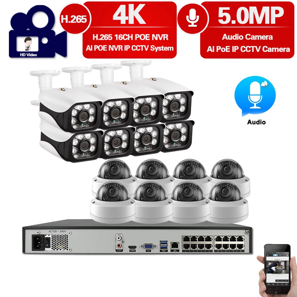 H. 265 16CH 5MP CCTV POE VRR Drošības Kameras Sistēmas Komplekts 4K Āra Kustības detektors IP Dome Video Novērošanas Kameras Uzstādīt XMEYE Attēls 4