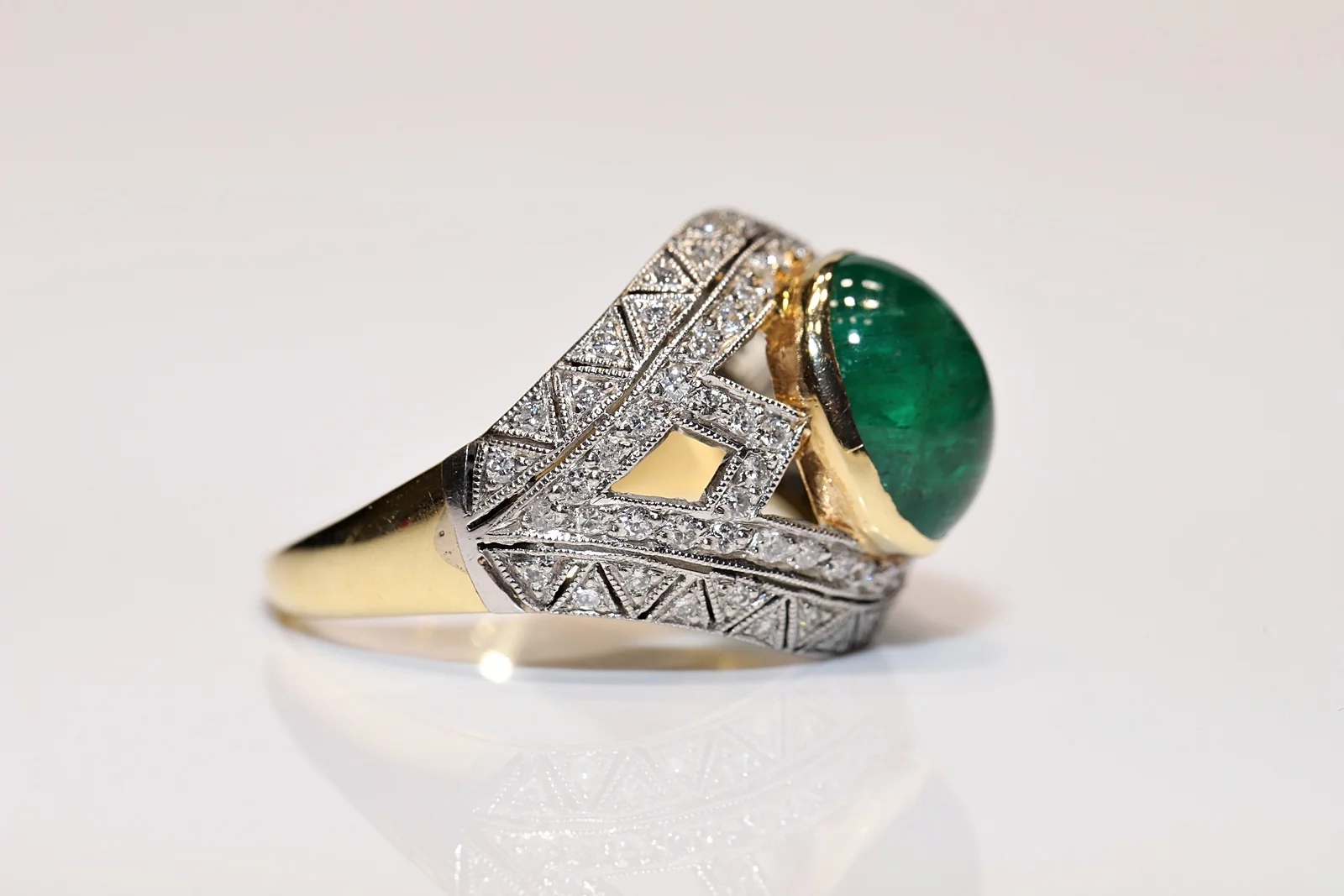 Ideāls Veco 18K zelta Art Deco Dabas Dimants un Cabochon Smaragda Akmens Dekorēts Spēcīgu Gredzens Attēls 2