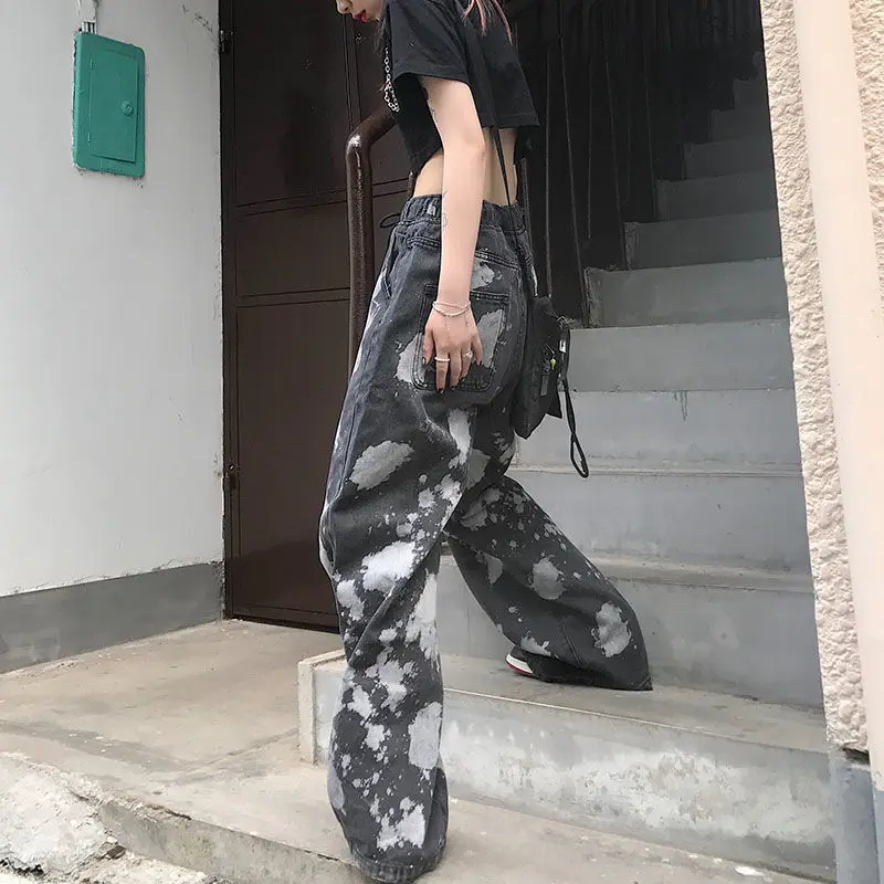 Iela Gothic kaklasaišu Krāsošanas Jeans Ielas Retro Sieviešu Black Taisni Zaudēt Gadījuma Elastīgu Vidukli, Viduklis Plānas Plaša Kāju Bikses Bikses Attēls 1