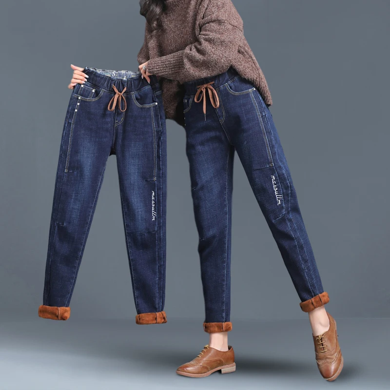 Ir 2021. Jaunā Sieviešu Džinsi Plus samta Elastīga, Augsta Vidukļa Džinsa Harēma Bikses Sieviešu Ikdienas Vintage Jeans Aukliņu Bikses Plus Lieluma Attēls 1