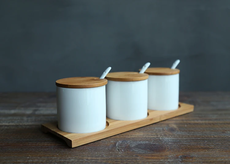 Japānas Stila zakka keramikas glabāšanas pudeles, burkas, lai spice cukura sāls uzglabāšanas kaste ar karoti bambusa paplātes vāku komplekti radošiem burkas Attēls 2