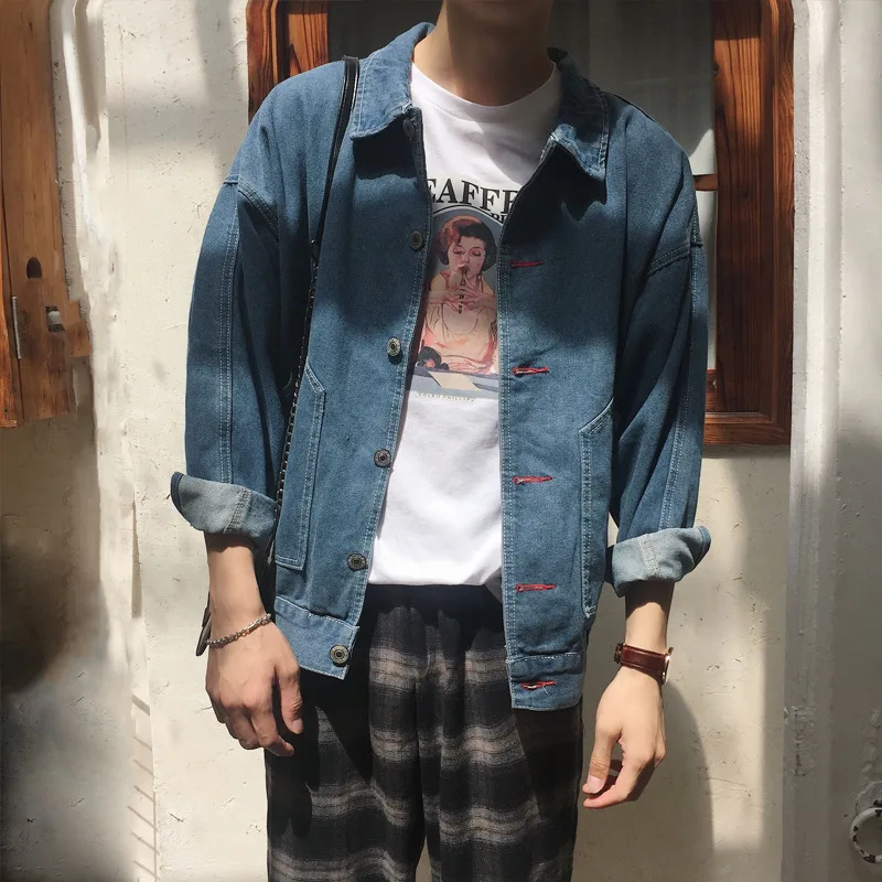 Jaunas džinsa jaka vīriešu zaudēt rudens savvaļas streetwear studentu pusaudžiem Harajuku BF krekls ar garām piedurknēm, jaka Attēls 1