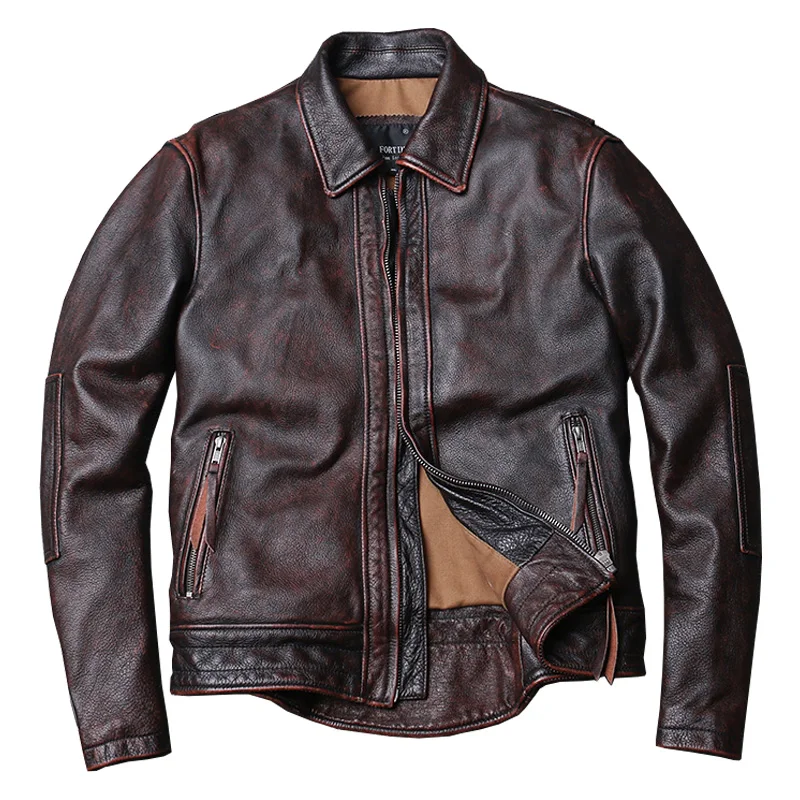 Jaunā stila īstas Ādas jaka.Vintage brūna pātagot mētelis,Vīriešu modes biker jaka.Āzijas lielums pārdošanas bieza Attēls 1
