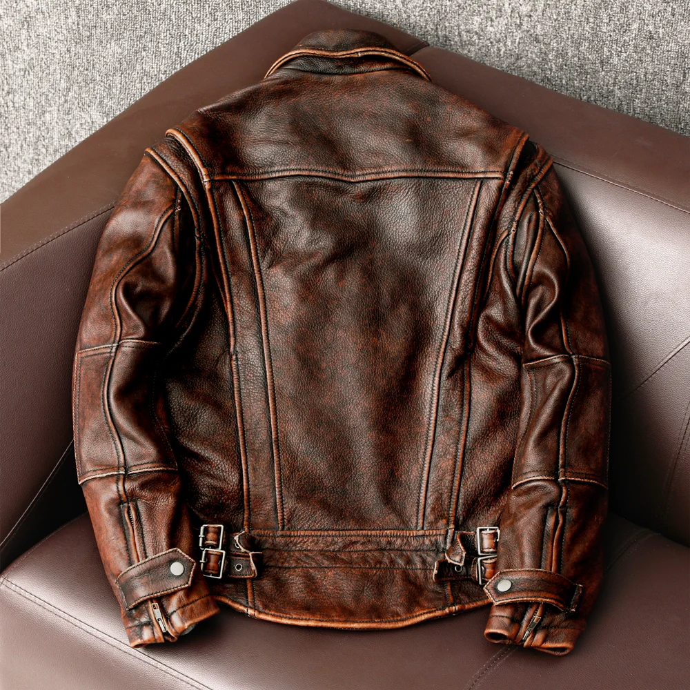 Jaunā stila īstas Ādas jaka.Vintage brūna pātagot mētelis,Vīriešu modes biker jaka.Āzijas lielums pārdošanas bieza Attēls 3