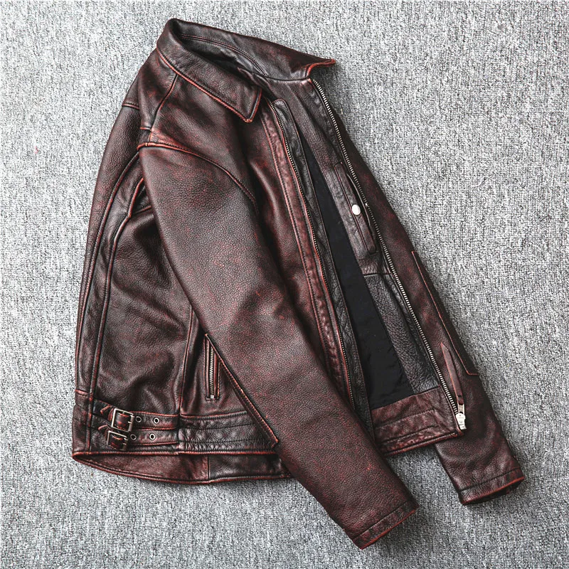 Jaunā stila īstas Ādas jaka.Vintage brūna pātagot mētelis,Vīriešu modes biker jaka.Āzijas lielums pārdošanas bieza Attēls 4