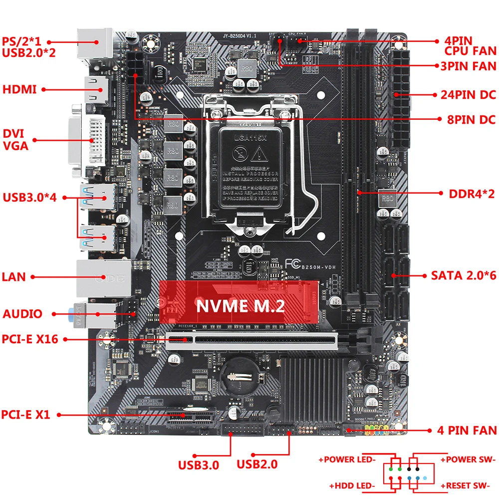 JGINYUE B250 Mātesplati Set Komplekts LGA 1151 Ar Intel Pentium I3 9100F Procesors Un 8 GB(1*8G) DDR4 Atmiņas VGA DMI HDMI B250M-VDH Attēls 1