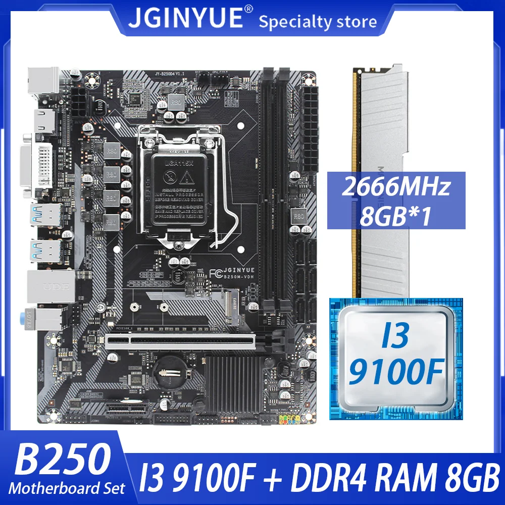 JGINYUE B250 Mātesplati Set Komplekts LGA 1151 Ar Intel Pentium I3 9100F Procesors Un 8 GB(1*8G) DDR4 Atmiņas VGA DMI HDMI B250M-VDH Attēls 3