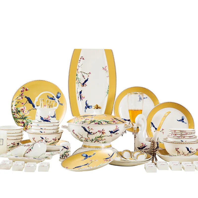 Jingdezhen galda piederumi, bļodas un trauku komplekts, home Ķīnas Zelta maliņām trauks un plāksne, kaulu ķīna dāvanu porcelāna Attēls 1
