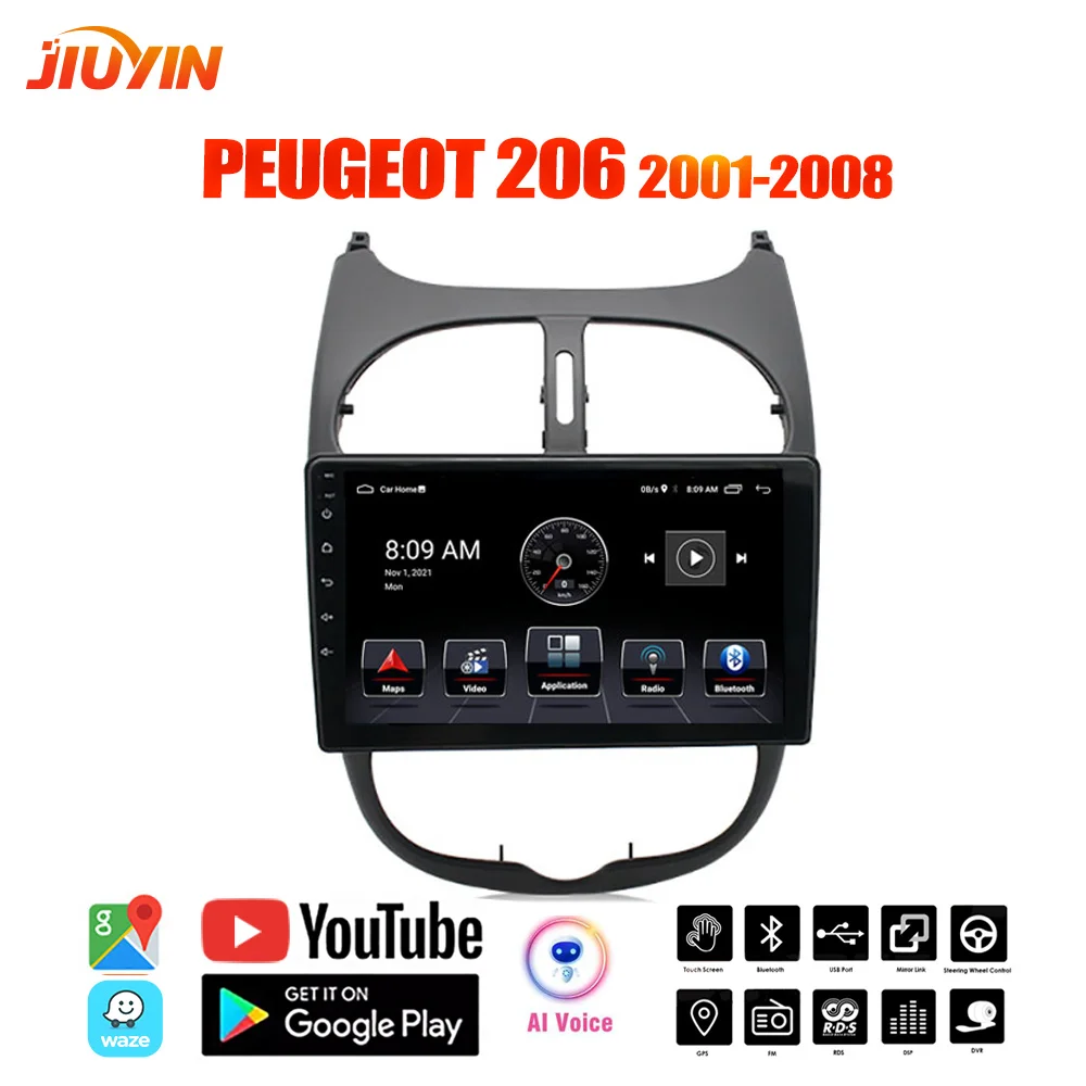 JIUYIN Ai Balss Android 10 Auto Radio Peugeot 206 2001-2008 2 din Autoradio dvd Multimediju Atskaņotājs, GPS Navi 2G+32G Stereo Attēls 1