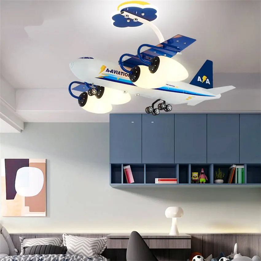 Karikatūra zils balts gaisa kuģa piekariņu gaismas guļamistaba bērnu istaba lampas dzīvojamā istabā studiju dekorēti metāla E14 karājas apgaismojums Attēls 1