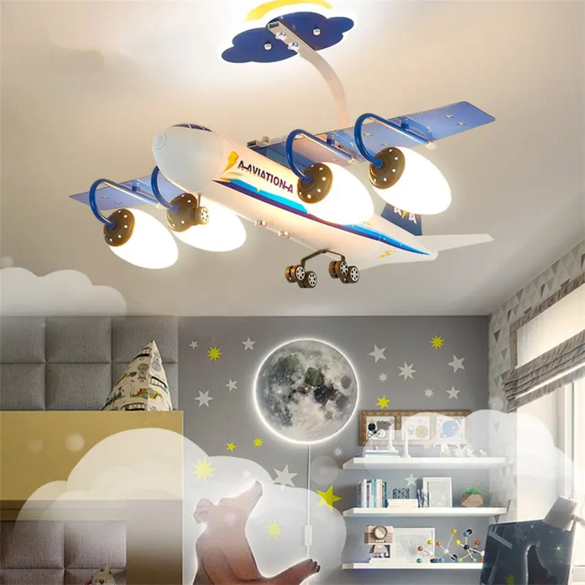 Karikatūra zils balts gaisa kuģa piekariņu gaismas guļamistaba bērnu istaba lampas dzīvojamā istabā studiju dekorēti metāla E14 karājas apgaismojums Attēls 2