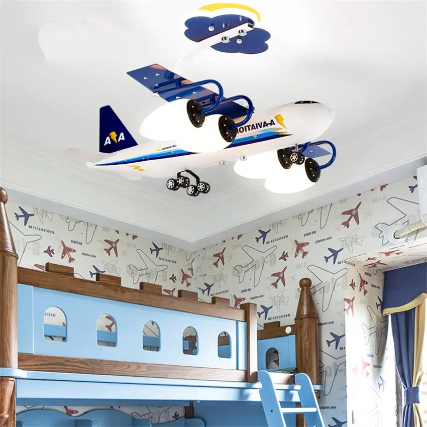 Karikatūra zils balts gaisa kuģa piekariņu gaismas guļamistaba bērnu istaba lampas dzīvojamā istabā studiju dekorēti metāla E14 karājas apgaismojums Attēls 4