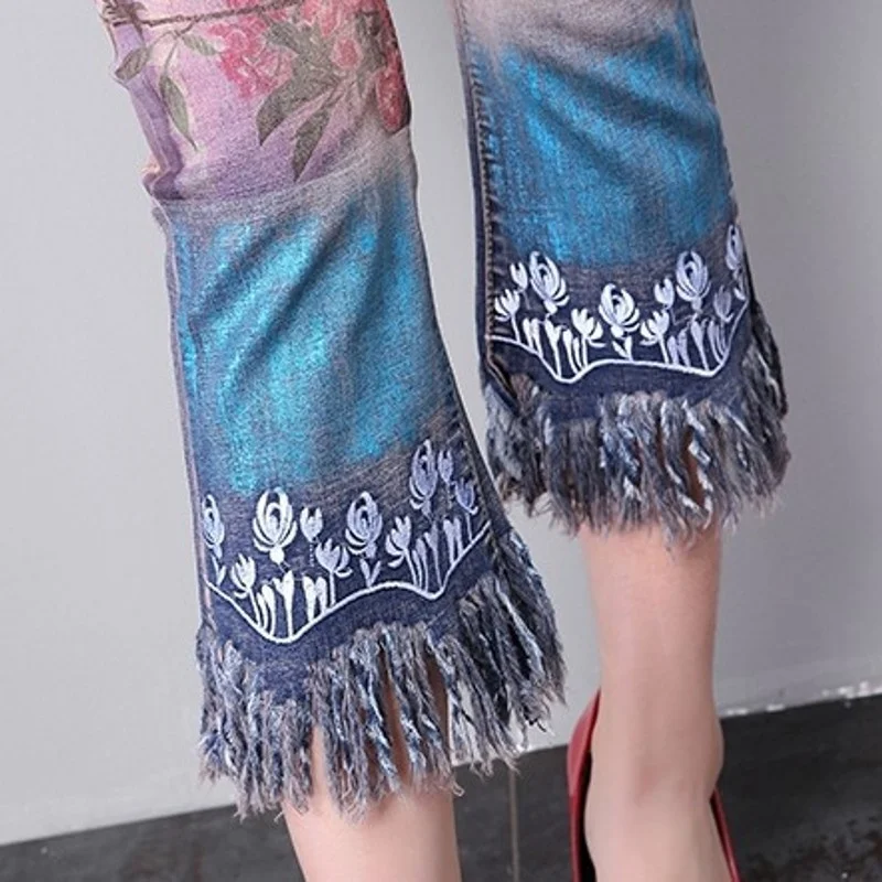Karstā Jauns Pārdošanas Harajuku Fashion Drukāt Ziedu Potītes Garuma Bikses Slim Fit Jūra Ieplakas Streetwear Šiks Bārkstis Uzliesmojums Džinsi Bikses Attēls 1