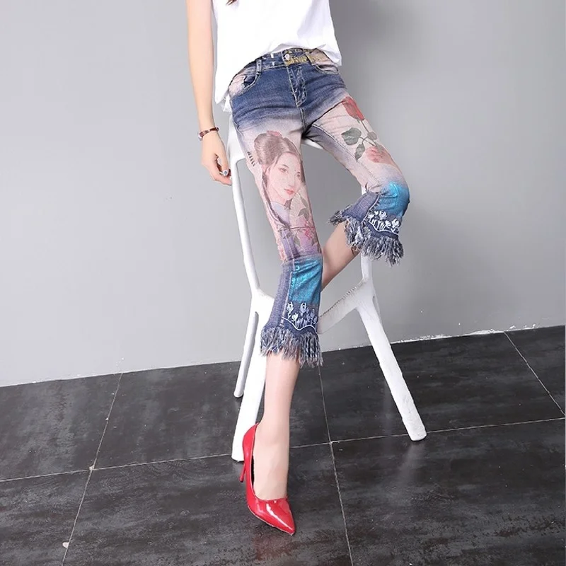 Karstā Jauns Pārdošanas Harajuku Fashion Drukāt Ziedu Potītes Garuma Bikses Slim Fit Jūra Ieplakas Streetwear Šiks Bārkstis Uzliesmojums Džinsi Bikses Attēls 2