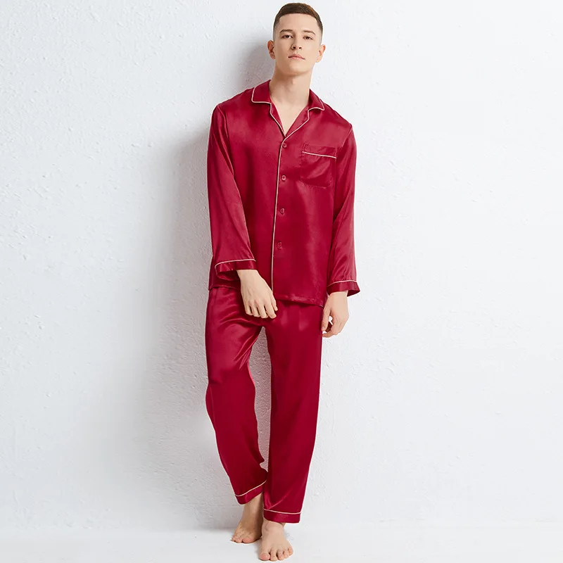 Labas Kvalitātes, Zīda Pidžamas Komplekts Miega Lounge Vīriešu Pidžamas Dabas Ādas Kopšanas Sieviešu 16MM Mulberry Zīda garām Piedurknēm Vīriešiem Sleepwear Attēls 5