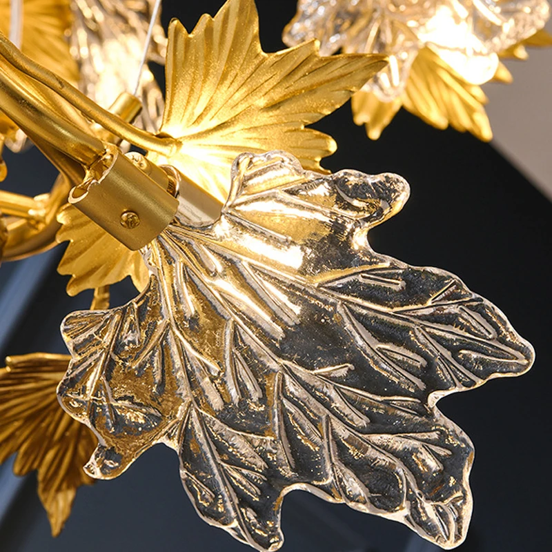 Led Mūsdienu Maple Leaf Stikla, Alumīnija Zelta Griestu Lustra Dekors Gaismas Kārta Lampen Apturēšanu Gaismeklis Dzīvojamā Istaba Attēls 5