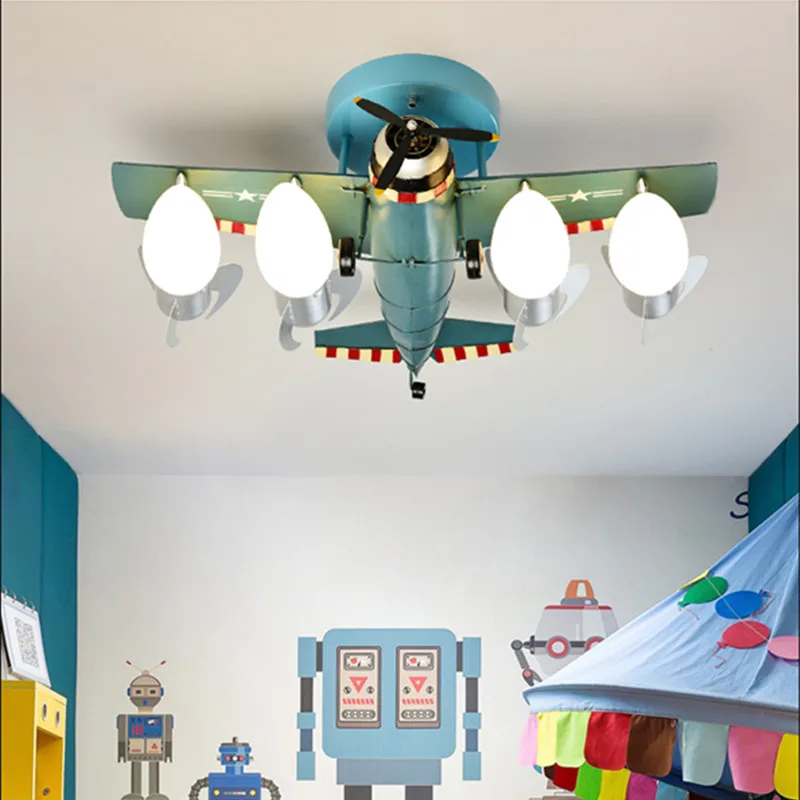 Metāla Lidmašīnas Režīms LED Griestu lampas Ar Stikla Abažūrs Zēnu Guļamistaba Green Blue Cartoon Kids Griestu Lampas Attēls 3