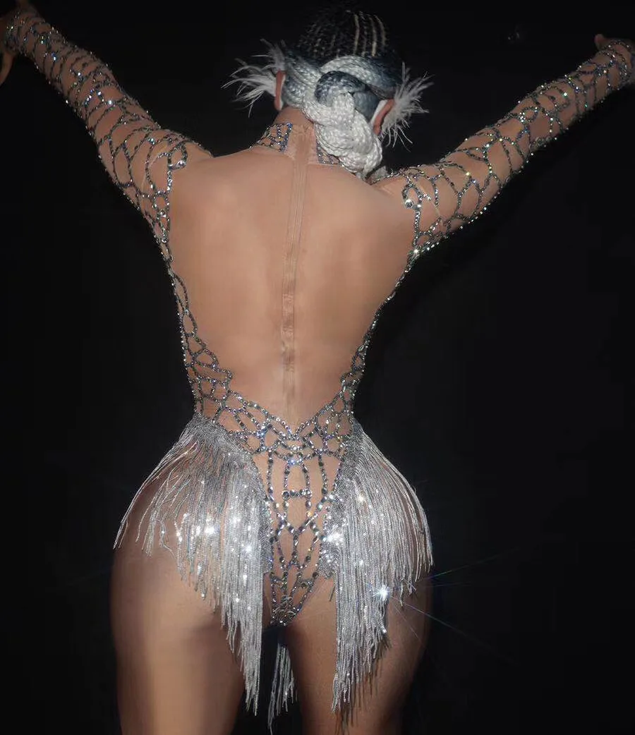 Mirdzoša shinning jumsuit Sudraba Rhinestones Pliks bodysuit sexy sievietes puses meitene skatuves deju kostīms Attēls 1