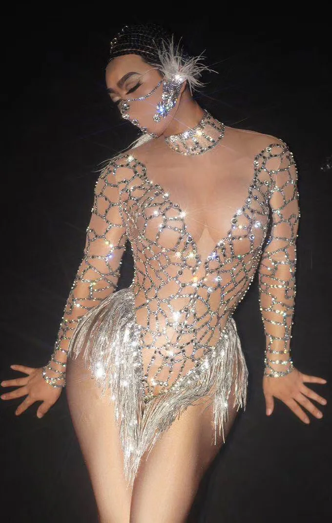 Mirdzoša shinning jumsuit Sudraba Rhinestones Pliks bodysuit sexy sievietes puses meitene skatuves deju kostīms Attēls 2