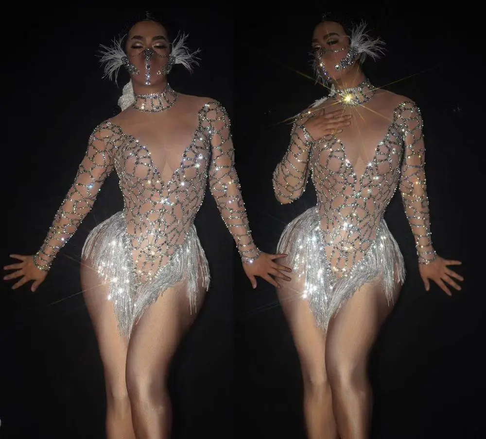 Mirdzoša shinning jumsuit Sudraba Rhinestones Pliks bodysuit sexy sievietes puses meitene skatuves deju kostīms Attēls 4