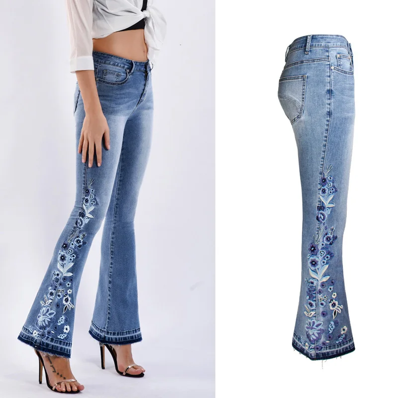Modes Dizainere ziedu Izšuvumi izdilis džinsi sieviete vintage izšuvumi izlīdzināšanu džinsa bikses, sieviešu džinsi, 4XL plus lieluma ādas elastību Attēls 2
